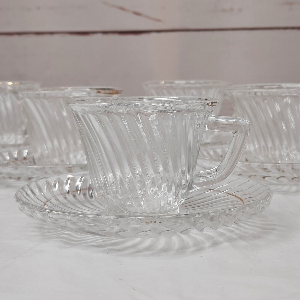 6 FEDERAL GLASS Clear Diana Pattern Swirl Demitasse Cup & Saucer Sets Depression